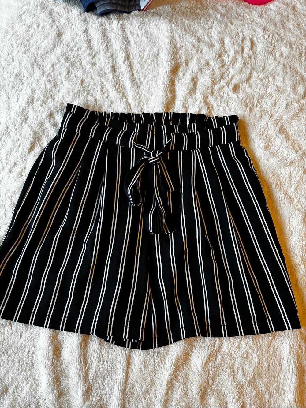 DR2 Black and White Vertical Stripe Tie-Waist Bermuda Shorts